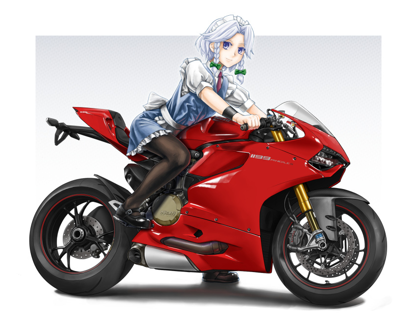 1girl black_footwear black_legwear blue_eyes blue_skirt blue_vest bow bracer braid chanko closed_mouth collared_shirt commentary_request ducati ducati_1199 frilled_skirt frills green_bow grey_background ground_vehicle hair_bow highres izayoi_sakuya large_bow leaning_forward light_smile logo looking_at_viewer maid maid_headdress mary_janes miniskirt motor_vehicle motorcycle necktie outside_border pantyhose polka_dot polka_dot_background puffy_short_sleeves puffy_sleeves purple_neckwear riding shirt shoes short_hair short_sleeves sidelocks silver_hair sitting skirt skirt_set smile solo touhou twin_braids vest white_shirt