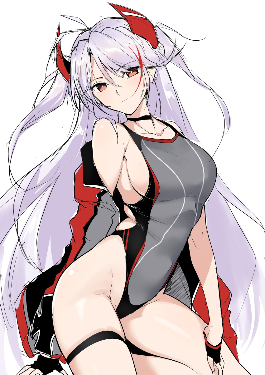 1girl absurdres antenna_hair azur_lane bangs black_gloves breasts competition_swimsuit cowboy_shot fingerless_gloves gloves grey_jacket grey_swimsuit half_gloves harukon_(halcon) highleg highleg_swimsuit highres horns jacket large_breasts long_hair looking_at_viewer mole mole_on_breast multicolored_hair one-piece_swimsuit open_clothes open_jacket prinz_eugen_(azur_lane) sideboob silver_hair simple_background solo streaked_hair swept_bangs swimsuit two_side_up white_background