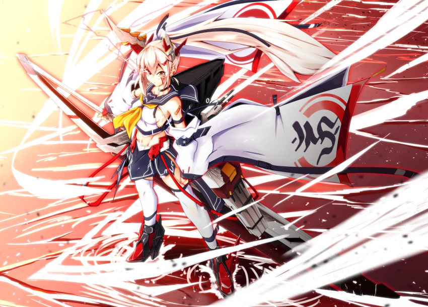 1girl adapted_costume afloat alternate_costume ayanami_(azur_lane) azur_lane bandaid breasts choker commentary_request detached_sleeves facial_mark from_above glowing glowing_eye headgear heterochromia highres holding holding_sword holding_weapon long_hair looking_at_viewer looking_up machinery navel ocean pleated_skirt ponytail remodel_(azur_lane) school_uniform serafuku sideboob silver_hair skirt solo sword tenteru thigh-highs turret twilight weapon white_legwear wide_sleeves wind zettai_ryouiki