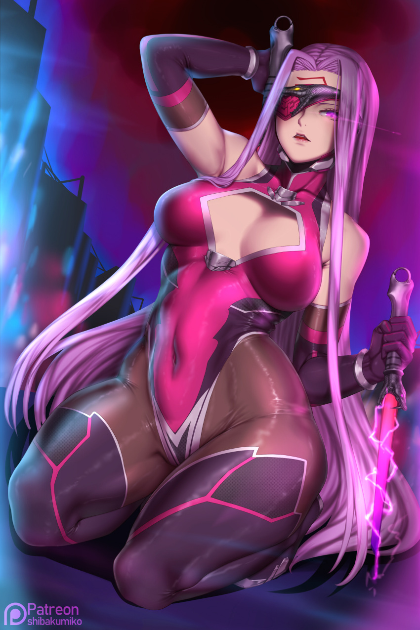 1girl absurdres alternate_costume arm_behind_head bare_shoulders boots bracelet breasts cleavage cleavage_cutout commentary_request covered_navel dagger detached_sleeves dual_wielding elbow_gloves eyepatch facial_mark facial_tattoo facing_viewer fate/grand_order fate_(series) forehead_mark gloves glowing glowing_eye high_collar highres holding holding_dagger holding_weapon jewelry kumiko_shiba large_breasts leotard long_hair looking_at_viewer pantyhose parted_lips pink_leotard purple_hair revision rider seiza sitting skin_tight solo taimanin_(series) taimanin_suit tattoo thigh-highs thigh_boots very_long_hair weapon