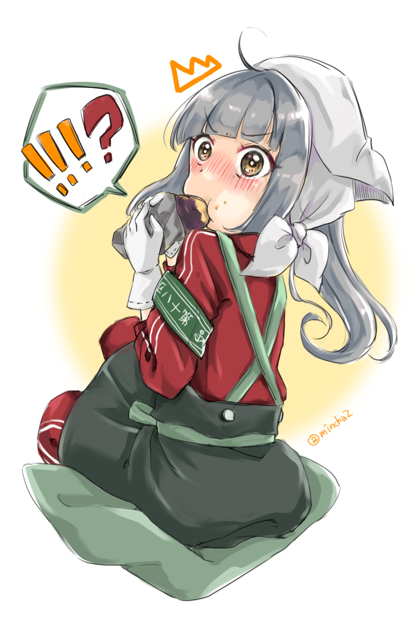 !! !? 1girl ? black_apron blush brown_eyes commentary_request eating food gloves grey_hair head_scarf highres jacket kantai_collection kasumi_(kantai_collection) long_sleeves looking_at_viewer mincha pants puffy_cheeks side_ponytail simple_background sitting solo speech_bubble spoken_interrobang surprised suspenders sweet_potato track_jacket track_pants track_suit twitter_username v-shaped_eyebrows white_gloves wide-eyed yakiimo