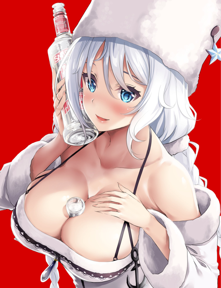 1girl absurdres alcohol avrora_(azur_lane) azur_lane bare_shoulders blue_eyes blush bottle braid breasts cleavage collarbone commentary_request d_kurouri fur_trim hair_between_eyes hand_on_own_chest hat highres holding holding_bottle large_breasts long_hair long_sleeves looking_at_viewer parted_lips red_background shiny shiny_skin simple_background smile solo star twin_braids very_long_hair vodka white_hat