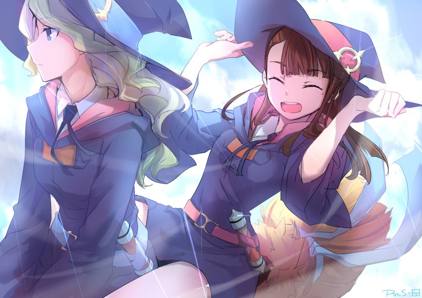 2girls belt black_dress black_ribbon blonde_hair blue_eyes blue_hat blue_ribbon broom broom_riding brown_hair closed_eyes clouds day diana_cavendish dress eyebrows_visible_through_hair floating_hair hat hat_ribbon highres kagari_atsuko little_witch_academia long_hair multiple_girls neck_ribbon open_mouth outdoors pin.s red_ribbon ribbon shirt short_dress smile sparkle white_hat white_shirt witch