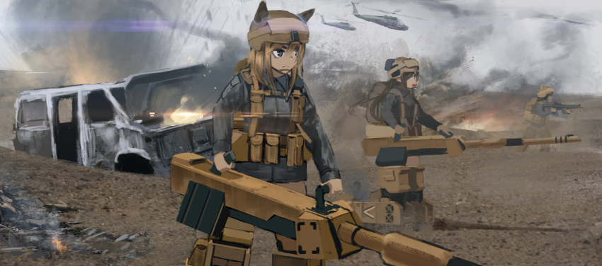 3girls aircraft animal_ears bangs black_jacket brown_eyes brown_hair brown_hat cannon closed_mouth commentary_request day dust_cloud explosion fire frown furukawa_herzer hat headset helicopter helmet highres jacket long_hair looking_to_the_side military multiple_girls open_mouth original outdoors partial_commentary smoke standing striker_unit tactical_clothes vehicle_request weapon_request world_witches_series wreckage