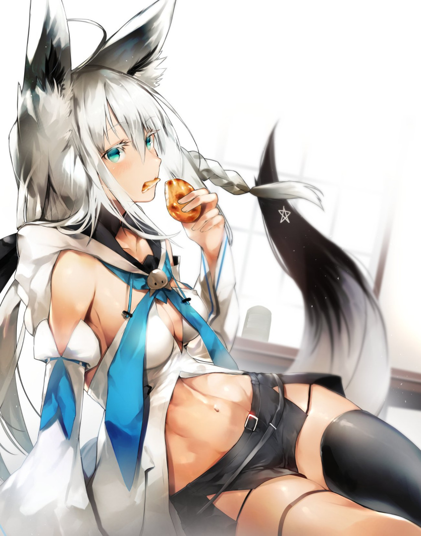 1girl ahoge animal_ears arm_support bangs belt black_legwear blue_eyes blush braid breasts buckle copyright_request detached_sleeves eating eyebrows_visible_through_hair food fox_ears fox_girl fox_tail hair_between_eyes highres holding holding_food long_hair long_sleeves looking_at_viewer navel nishiide_kengorou pelvic_curtain shirakami_fubuki shirt side_braid simple_background single_thighhigh skirt small_breasts solo stomach tail thigh-highs thigh_strap thighs virtual_youtuber white_hair wide_sleeves