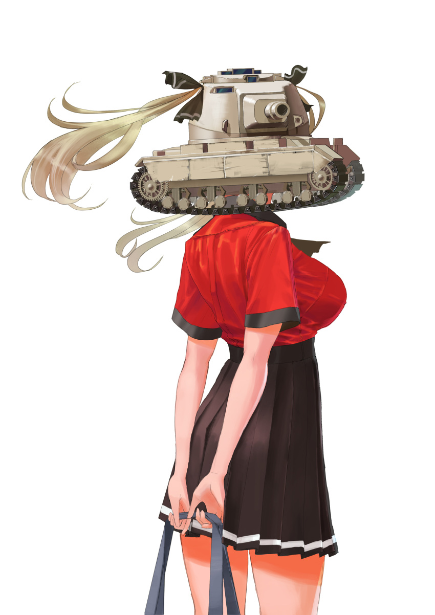 1girl arms_behind_back ascot bag bangs black_neckwear black_ribbon black_skirt breasts brown_hair commentary_request cowboy_shot dress_shirt from_side furukawa_herzer ground_vehicle hair_ribbon high-waist_skirt highres holding large_breasts long_hair looking_at_viewer military military_vehicle miniskirt motor_vehicle original partial_commentary pleated_skirt red_shirt ribbon school_bag school_uniform shirt simple_background single_horizontal_stripe skirt solo standing tank tank_head_girl twintails vehicle_request what white_background wind world_of_tanks