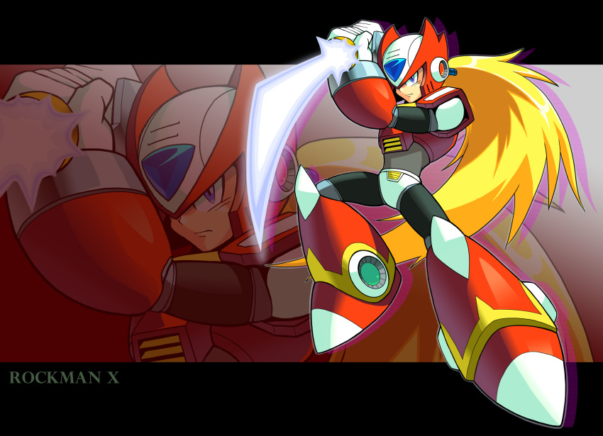 1boy android black_border blonde_hair blue_eyes border closed_mouth copyright_name energy_sword fighting_stance full_body gloves helmet highres holding holding_weapon lightsaber long_hair male_focus ponytail rockman rockman_x serious solo sword weapon yuusuke_(5yusuke3) zero_(rockman) zoom_layer