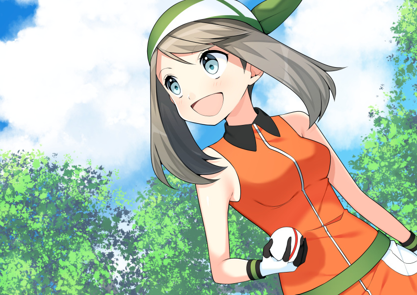 1girl :d bangs blue_eyes brown_hair clouds creatures_(company) day game_freak gloves green_bandana haruka_(pokemon) highres holding holding_poke_ball long_hair nintendo open_mouth outdoors parted_bangs poke_ball pokemon pokemon_(game) pokemon_rse premier_ball sleeveless smile solo twintails upper_body wristband yuihiko