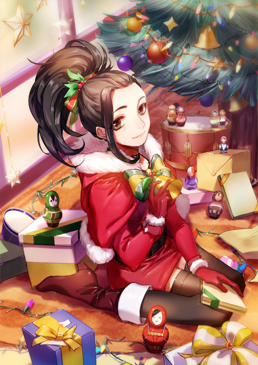 1girl absurdres bell black_eyes black_hair black_legwear boku_no_hero_academia boots bow bowtie box brown_footwear capelet christmas christmas_tree fur_trim gift gift_box gloves hair_ornament high_heel_boots high_heels high_ponytail highres holding indoors long_hair long_sleeves looking_at_viewer miniskirt mozer_(zerlinda) red_capelet red_gloves red_skirt santa_costume sidelocks sitting skirt smile solo thigh-highs yaoyorozu_momo zettai_ryouiki