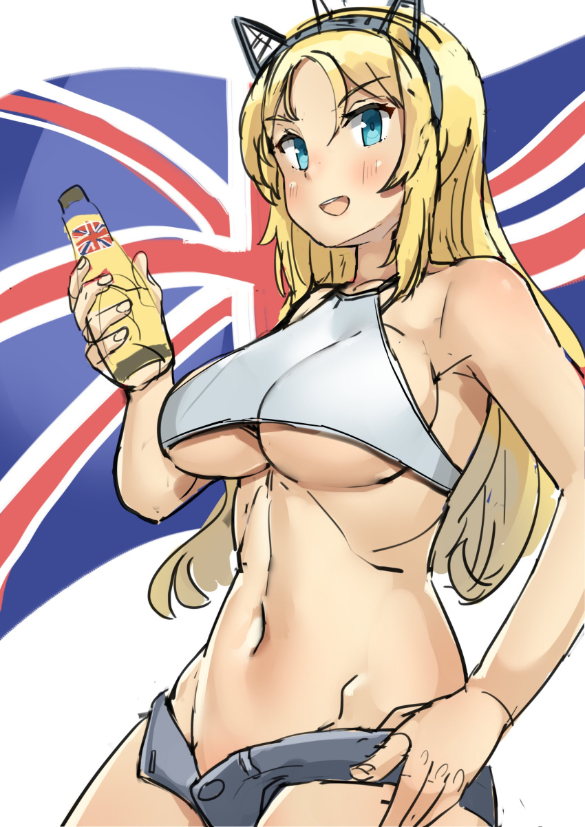 1girl absurdres alternate_costume blonde_hair blue_eyes bottle breasts commentary_request cowboy_shot flag hairband hand_on_hip headgear highres kantai_collection large_breasts long_hair looking_at_viewer nelson_(kantai_collection) open_fly short_shorts shorts solo soushou_nin tank_top under_boob union_jack work_in_progress