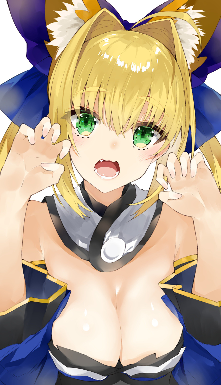 1girl absurdres ahoge animal_ears bare_shoulders blonde_hair bow breasts claw_pose cleavage cosplay detached_collar eyebrows_visible_through_hair fang fate/extra fate_(series) fox_ears green_eyes hair_bow hair_intakes highres japanese_clothes kou_mashiro large_breasts looking_at_viewer nero_claudius_(fate) nero_claudius_(fate)_(all) open_mouth solo tamamo_(fate)_(all) tamamo_no_mae_(fate) tamamo_no_mae_(fate)_(cosplay) white_background