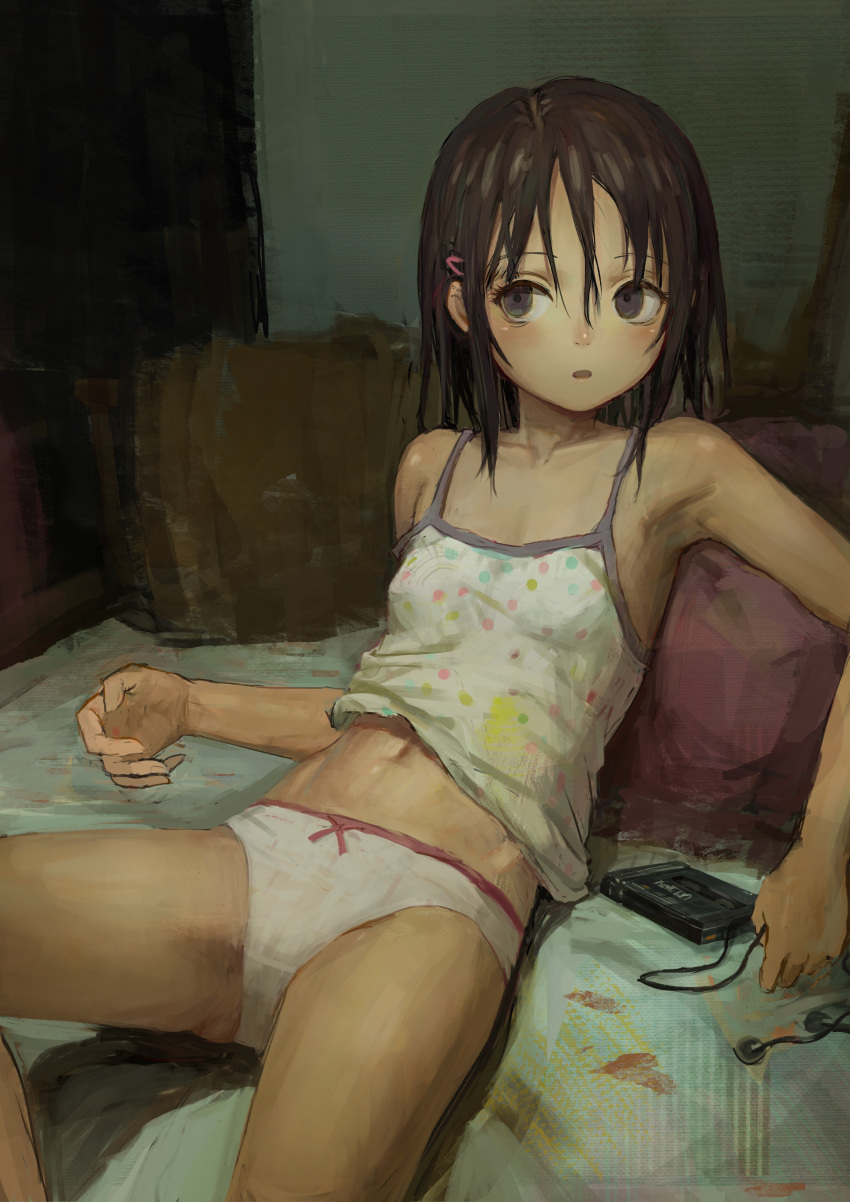 1girl absurdres armpits bangs breasts brown_hair camisole cassette_player earphones feet_out_of_frame grey_eyes groin hair_between_eyes hair_ornament hairclip highres indoors knee_up looking_at_viewer lying medium_hair navel on_back on_bed open_mouth original panties pillow polka_dot shion_(mirudakemann) small_breasts solo underwear underwear_only white_panties