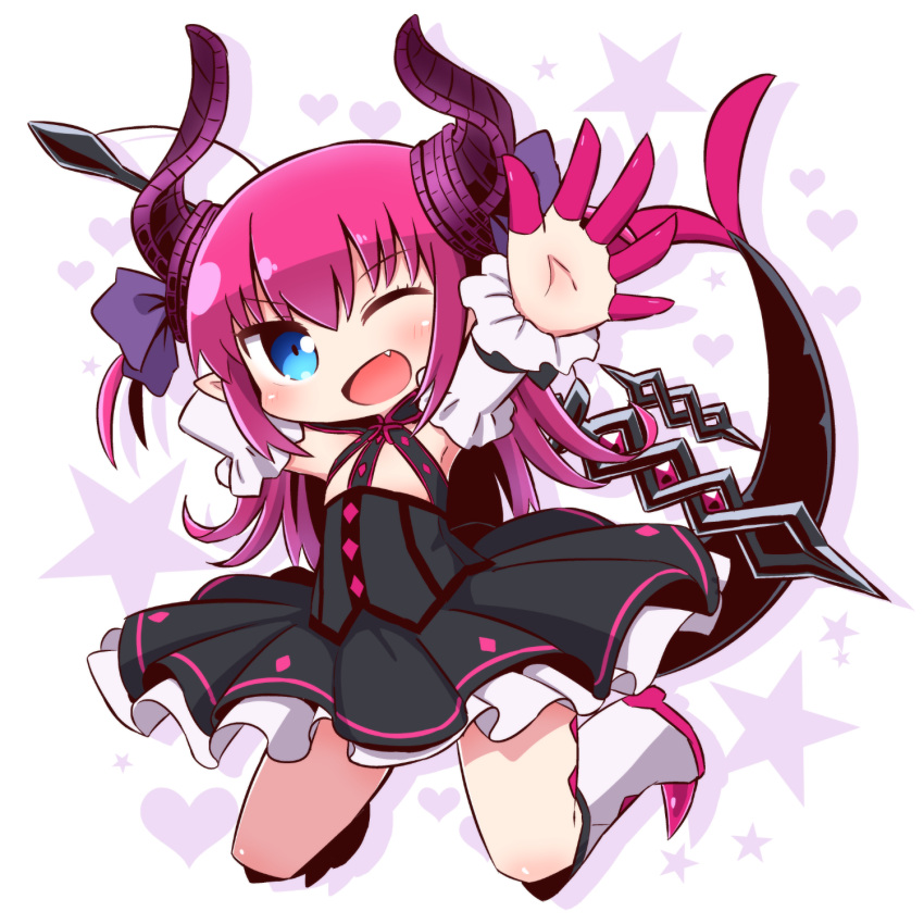 1girl ;d asymmetrical_horns bangs black_dress blue_eyes blush boots chibi commentary_request curled_horns detached_sleeves dragon_girl dragon_horns dragon_tail dress elizabeth_bathory_(fate) elizabeth_bathory_(fate)_(all) eyebrows_visible_through_hair fang fate/extra fate/extra_ccc fate_(series) full_body hair_between_eyes hair_ribbon head_tilt heart highres horns knee_boots long_hair long_sleeves looking_at_viewer naga_u one_eye_closed open_mouth outstretched_arm pointy_ears purple_ribbon ribbon shadow smile solo spiked_boots spikes star tail tail_raised two_side_up very_long_hair white_background white_footwear