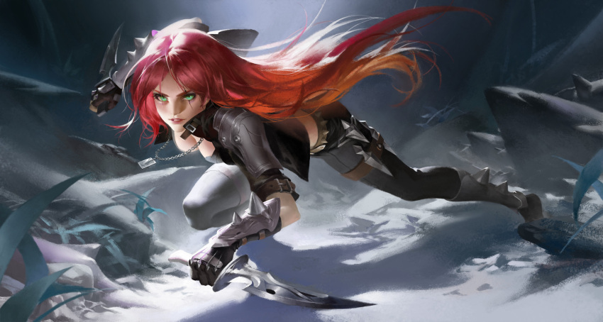 1girl black_gloves black_pants breasts cleavage dagger dog_tags gloves green_eyes highres katarina_du_couteau lao_wang league_of_legends leaning_forward long_hair pants parted_lips redhead solo vambraces weapon