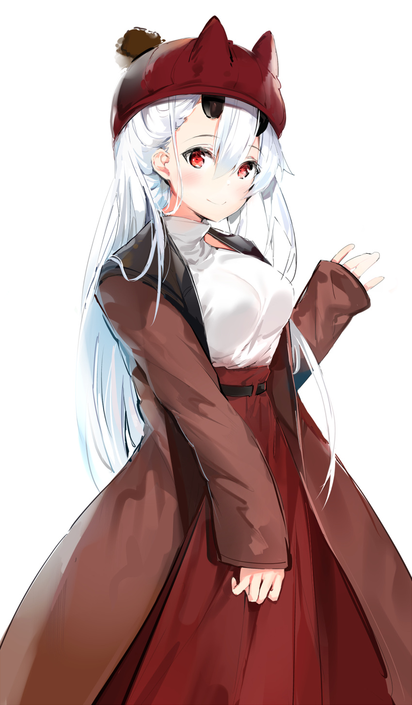 1girl absurdres bangs beanie black_belt blush breasts brown_coat closed_mouth coat commentary_request eyebrows_visible_through_hair fate/grand_order fate_(series) hair_between_eyes hand_up hat head_tilt high-waist_skirt highres horned_headwear horns long_hair long_sleeves looking_at_viewer medium_breasts oni oni_horns open_clothes open_coat red_eyes red_hat red_skirt shirt silver_(chenwen) silver_hair simple_background skirt sleeves_past_wrists smile solo tomoe_gozen_(fate/grand_order) very_long_hair white_background white_shirt
