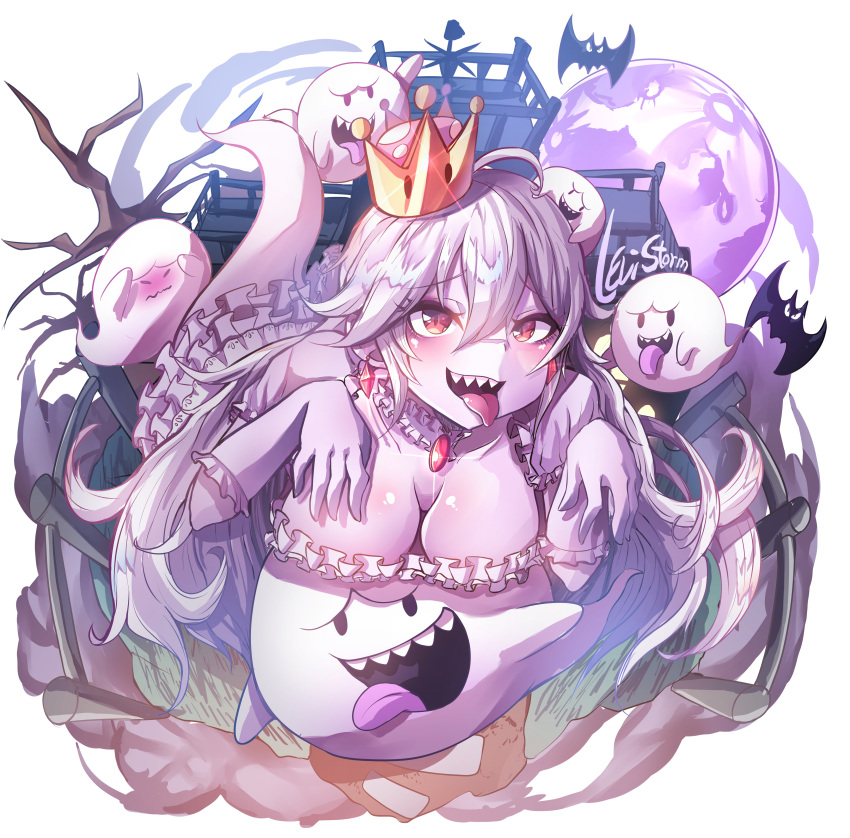 1girl absurdres artist_name bangs bat boo breasts cleavage crown dress earrings eyebrows_visible_through_hair frills full_moon gem ghost_tail gloves hair_between_eyes hands_up highres jewelry large_breasts levi_storm long_hair looking_at_viewer luigi's_mansion super_mario_bros. moon new_super_mario_bros._u_deluxe nintendo open_mouth pale_skin princess_king_boo sharp_teeth short_sleeves super_crown teeth tongue tongue_out wavy_mouth white_dress white_gloves white_hair