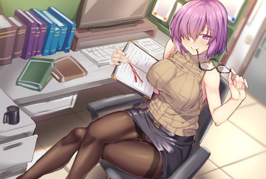 1girl bare_arms beige_vest belt_buckle black_skirt breasts buckle chair computer cup day desk eyewear_in_mouth fate/grand_order fate_(series) glasses hair_over_one_eye highres holding holding_eyewear indoors keyboard large_breasts legs_crossed looking_at_viewer looking_up mash_kyrielight miniskirt mouth_hold mug notepad office_chair pantyhose purple_hair ribbed_shirt screen shiny shiny_clothes shirokuma_a shirt short_hair sitting skirt solo sweater_vest turtleneck violet_eyes window