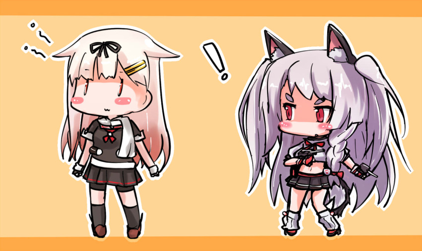 ! 2girls :3 animal_ears azur_lane blush_stickers bow braid chibi commentary_request crossover hair_bow hair_flaps hair_ornament hair_ribbon hairclip kantai_collection light_brown_hair long_hair machinery multiple_girls namesake navel paw_print pleated_skirt red_eyes remodel_(kantai_collection) ribbon scarf school_uniform serafuku silver_hair single_braid skirt tail thick_eyebrows turret two_side_up wolf_ears wolf_tail yagami_kamiya yuudachi_(azur_lane) yuudachi_(kantai_collection)