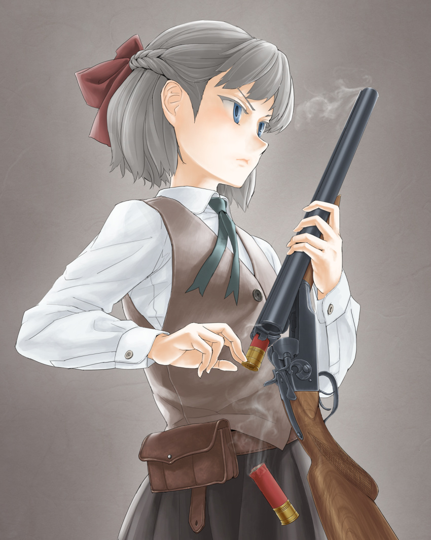 1girl bangs black_neckwear black_skirt bow braid brown_belt brown_bow brown_vest chanko closed_mouth collared_shirt commentary commentary_request crown_braid double-barreled_shotgun dress_shirt english_commentary frown grey_background grey_hair gun hair_bow highres holding holding_gun holding_weapon looking_to_the_side neck_ribbon original pleated_skirt pouch ribbon shirt short_hair shotgun shotgun_shells skirt smoke solo standing upper_body v-shaped_eyebrows vest weapon white_shirt