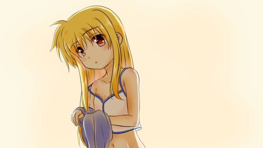 1girl blonde_hair blush breasts cleavage collarbone crop_top eyebrows_visible_through_hair fate_testarossa hair_between_eyes head_tilt kerorokjy long_hair lyrical_nanoha mahou_shoujo_lyrical_nanoha midriff navel open_mouth red_eyes shiny shiny_hair shirt simple_background sleeveless sleeveless_shirt small_breasts solo stomach upper_body very_long_hair white_background white_shirt