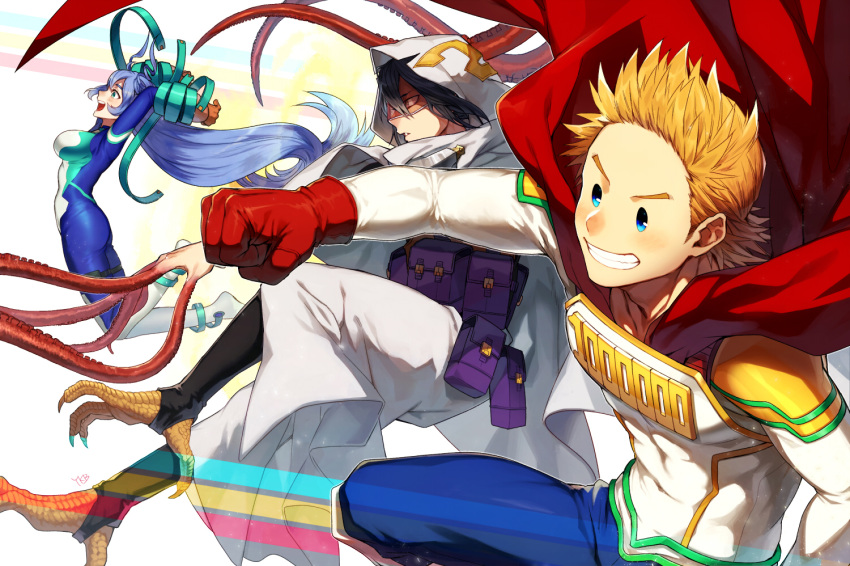 1girl 2boys amajiki_tamaki bird_legs black_hair blonde_hair blue_eyes blue_hair bodysuit boku_no_hero_academia breasts cape claws gloves grin hadou_nejire hood long_hair multiple_boys open_mouth red_gloves smile spiky_hair talons tentacle toogata_mirio very_long_hair yukibi_(ykb)