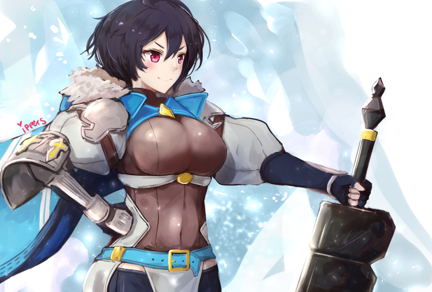 1girl armor belt black_hair blush breasts cape dragalia_lost fingerless_gloves gauntlets gloves hand_on_hip highres holding holding_weapon ice ippers red_eyes short_hair solo sword weapon