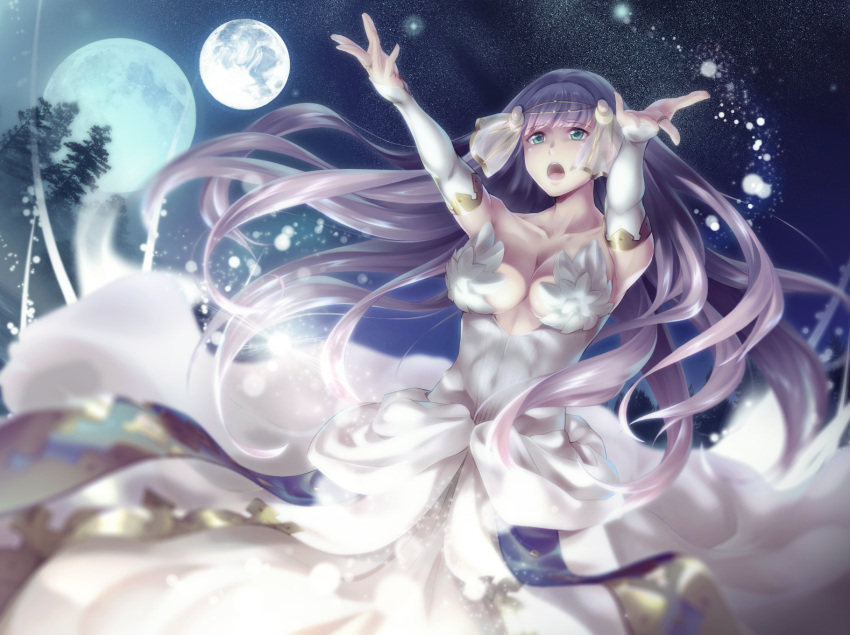 1girl breasts bridal_gauntlets center_opening cleavage dress finis_(lost_song) green_eyes jewelry kokutou leaf long_hair lost_song medium_breasts moon night night_sky open_mouth ring sky solo sparkle star_(sky) teeth tree very_long_hair white_hair