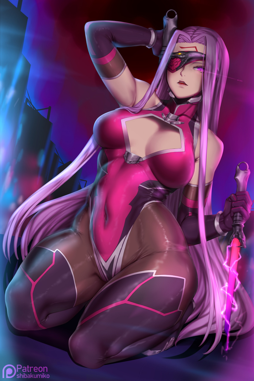 1girl absurdres alternate_costume arm_behind_head bare_shoulders boots bracelet breasts cleavage cleavage_cutout commentary_request covered_navel dagger detached_sleeves dual_wielding elbow_gloves eyepatch facial_mark facial_tattoo facing_viewer fate/grand_order fate_(series) forehead_mark gloves glowing glowing_eye high_collar highres holding holding_dagger holding_weapon jewelry kumiko_shiba large_breasts leotard long_hair looking_at_viewer pantyhose parted_lips pink_leotard purple_hair rider seiza sitting skin_tight solo tattoo thigh-highs thigh_boots very_long_hair weapon