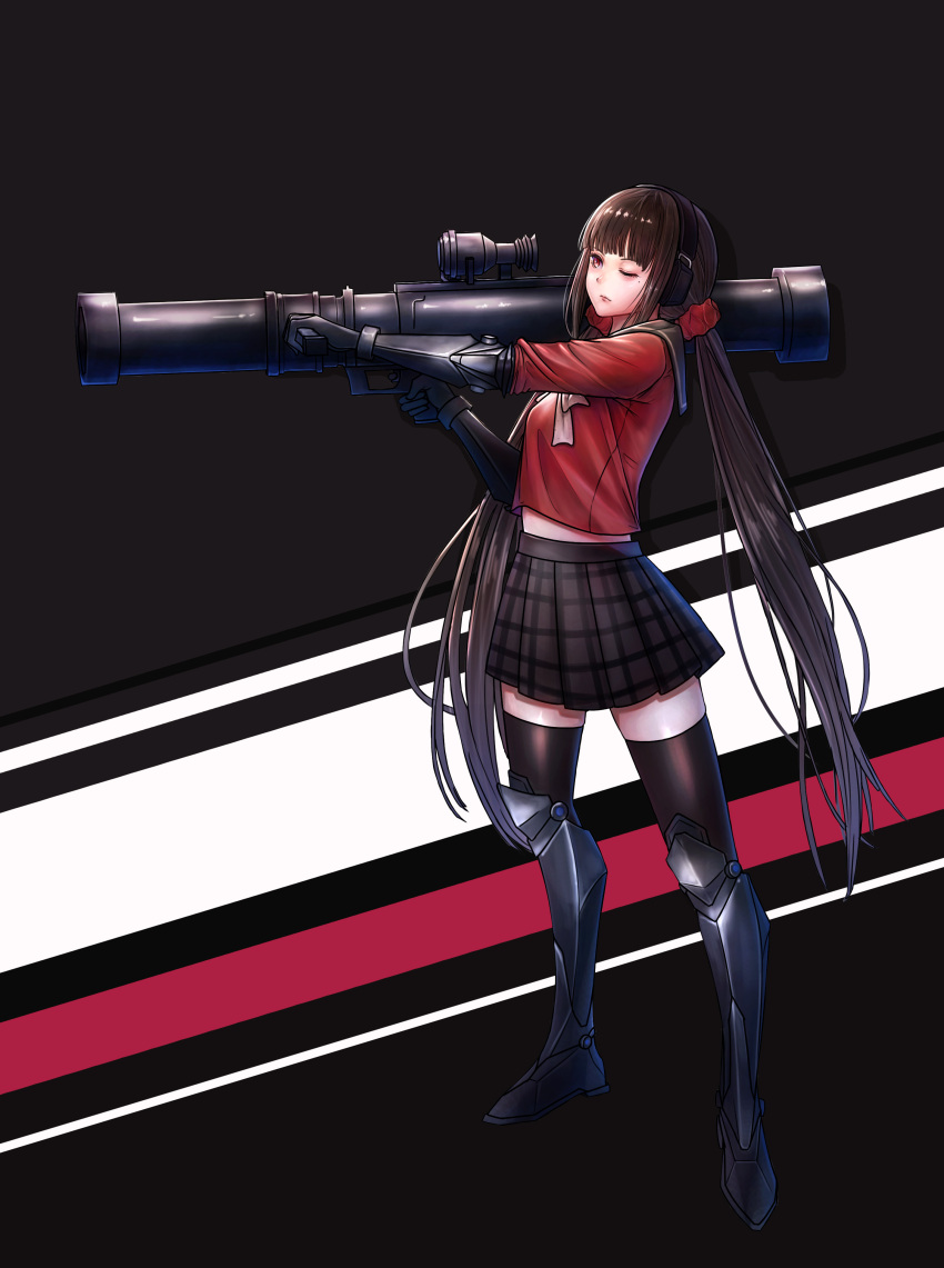 1girl ;( absurdres aiming armored_boots armored_gloves bangs belly_peek black_background black_footwear black_legwear black_panties black_sailor_collar black_skirt blunt_bangs blush boots brown_hair closed_mouth dangan_ronpa ear_protection elbow_gloves from_side full_body gloves gun hank_(gogaek) harukawa_maki highres holding holding_gun holding_weapon knee_boots korean_commentary legs_apart long_hair looking_away low_twintails mole mole_under_eye neckerchief new_dangan_ronpa_v3 panties pink_lips plaid plaid_skirt pleated_skirt red_eyes red_shirt ribbon rocket_launcher sailor_collar school_uniform serafuku shirt sidelocks skirt solo standing thigh-highs twintails underwear very_long_hair weapon white_neckwear white_ribbon zettai_ryouiki