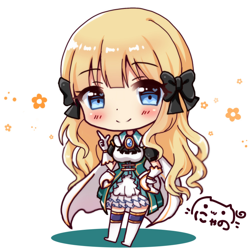 1girl bangs black_bow blonde_hair blue_eyes blunt_bangs blush boots bow breasts brooch character_request chibi closed_mouth collared_dress commentary_request detached_sleeves dress eyebrows_visible_through_hair full_body gloves hair_bow hand_up heart heart_in_eye highres index_finger_raised jewelry knee_boots long_hair medium_breasts nyano21 princess_connect! princess_connect!_re:dive puffy_short_sleeves puffy_sleeves short_sleeves signature smile solo standing symbol_in_eye very_long_hair white_background white_dress white_gloves white_legwear