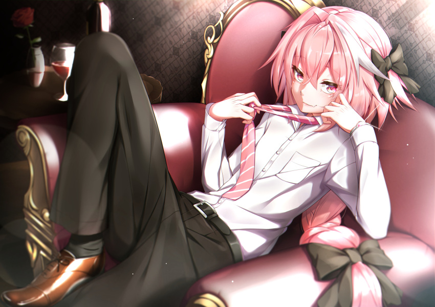 1boy armchair astolfo_(fate) bangs belt belt_buckle black_pants black_ribbon bottle bow braid brown_footwear buckle chair closed_mouth collared_shirt dress_shirt fang fate/grand_order fate_(series) flower hair_bow hand_on_own_cheek highres leaning_back leg_up light_rays long_hair looking_at_viewer multicolored_hair necktie pants pink_hair pink_neckwear ribbon rose seductive_smile shirt single_braid sitting smile streaked_hair table takatun223 vase wallpaper_(object) watch watch white_hair wine_bottle