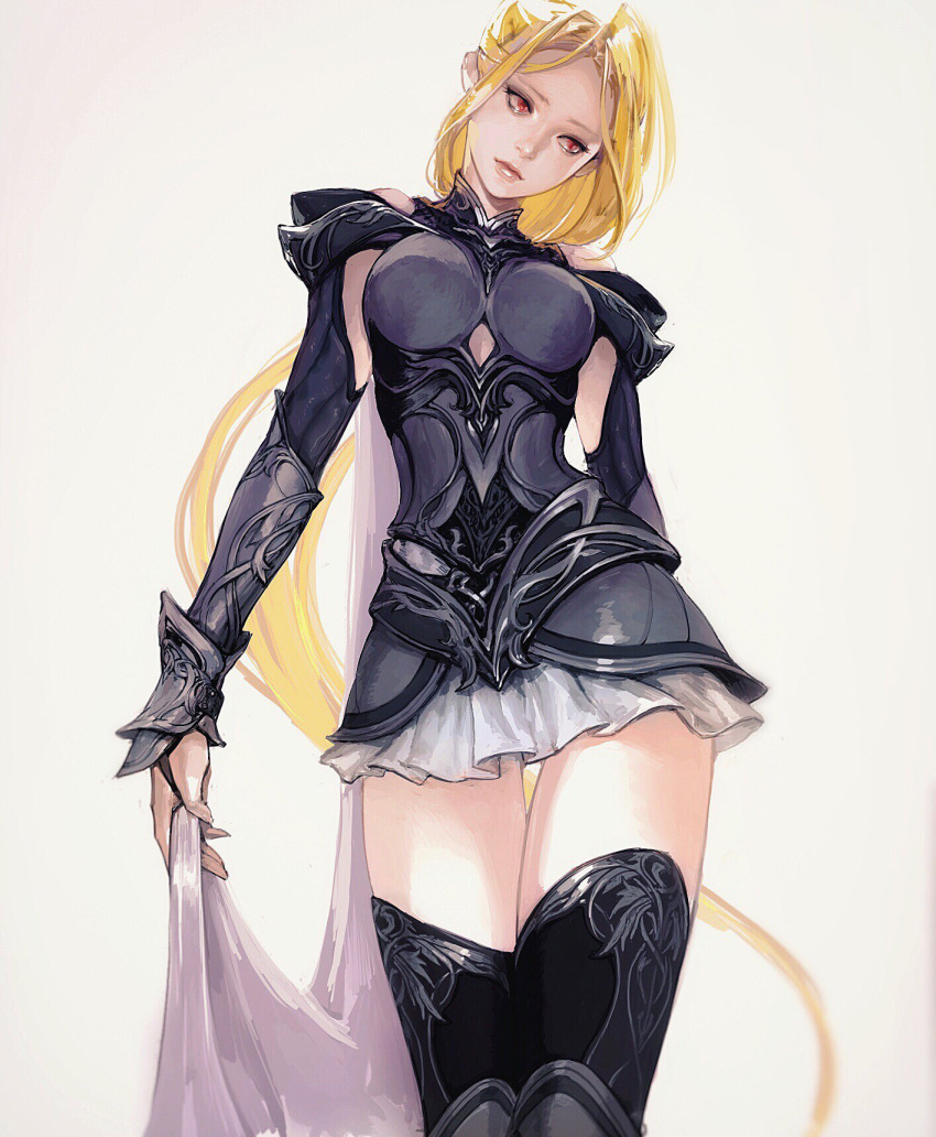1girl armor ass_visible_through_thighs blonde_hair cape head_tilt highres holding_cape long_hair original paper_texture pauldrons red_eyes sketch skirt solo ssaki_metel thigh-highs very_long_hair white_background