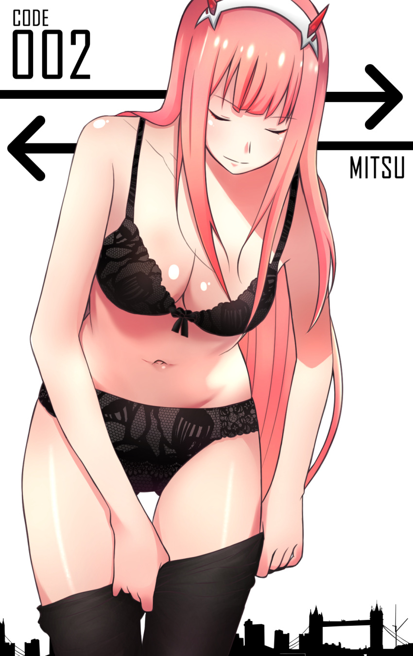 1girl artist_name bangs black_bra black_panties bow bow_bra bra breasts character_name cityscape cleavage closed_eyes closed_mouth commentary cowboy_shot darling_in_the_franxx directional_arrow eyebrows_visible_through_hair facing_viewer gluteal_fold headgear highres lace lace_bra lace_panties light_smile lingerie long_hair medium_breasts mitsu_(multim) navel panties pantyhose pantyhose_pull solo standing thigh_gap underwear underwear_only white_background zero_two_(darling_in_the_franxx)