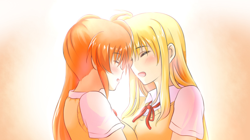 2girls :d blonde_hair closed_eyes eyebrows_visible_through_hair fate_testarossa hair_between_eyes kerorokjy long_hair lyrical_nanoha mahou_shoujo_lyrical_nanoha multiple_girls neck_ribbon open_mouth orange_hair red_ribbon ribbon school_uniform shiny shiny_hair shirt short_sleeves side_ponytail smile takamachi_nanoha upper_body vest white_background white_shirt yellow_vest yuri