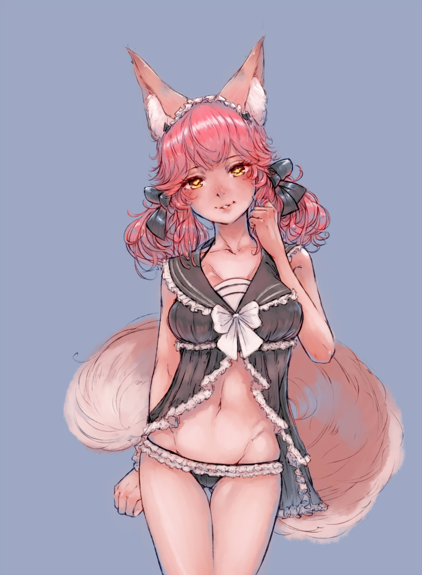 1girl animal_ear_fluff animal_ears arm_at_side black_bow black_panties bow clenched_hand drawfag fate_(series) fox_ears fox_tail frilled_panties frills grey_background groin hair_bow hairband highres midriff navel panties pink_hair short_twintails simple_background solo standing tail tamamo_(fate)_(all) twintails underwear white_bow yellow_eyes