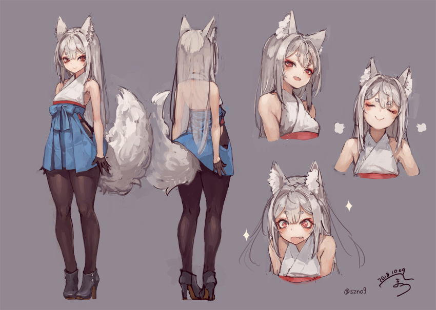 +_+ 1girl animal_ear_fluff animal_ears back backless_outfit bangs bare_shoulders black_footwear black_gloves black_legwear black_skirt blush breasts commentary_request dated eyebrows_visible_through_hair fang fox_ears fox_girl fox_tail full_body gloves hair_between_eyes high_heels japanese_clothes long_hair looking_at_viewer original pantyhose red_eyes short_eyebrows signature silver_hair simple_background skirt sleeveless small_breasts smile solo standing suzuno_(bookshelf) tail thick_eyebrows twitter_username