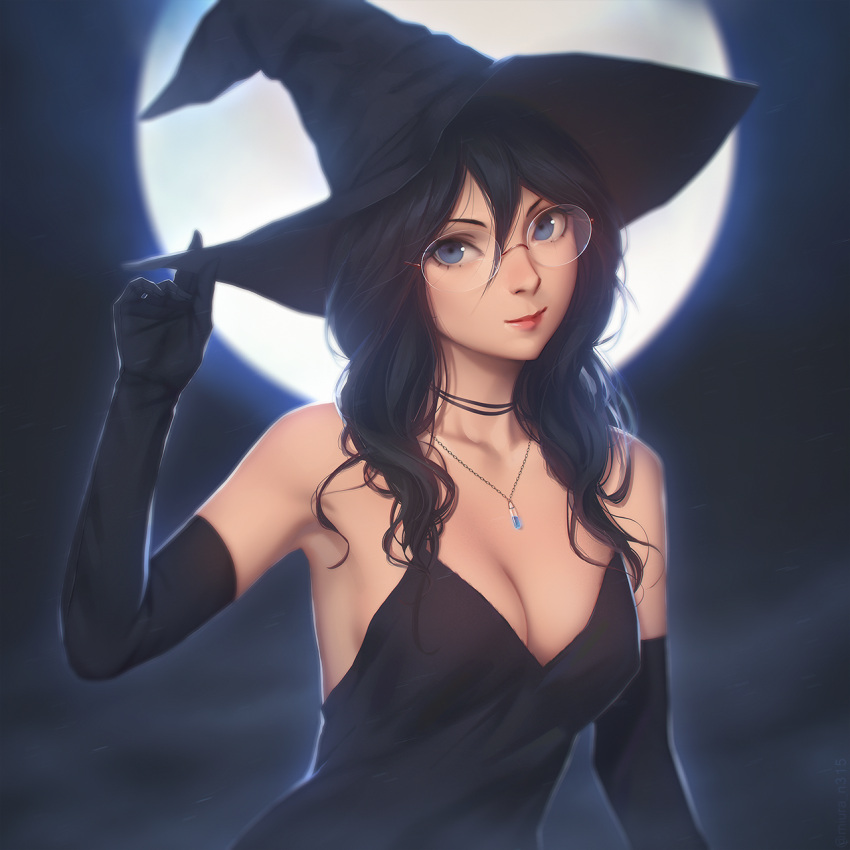 &gt;:) 1girl armpits black_choker black_dress black_gloves black_hair black_hat blue_eyes breasts choker cleavage closed_mouth collarbone commentary dress elbow_gloves english_commentary full_moon glasses gloves hair_between_eyes halloween hand_on_headwear hand_up hat hibike!_euphonium highres jewelry lips long_hair medium_breasts miura-n315 moon moonlight necklace night older outdoors pendant red_lips rimless_eyewear sleeveless sleeveless_dress smile solo tanaka_asuka upper_body v-shaped_eyebrows witch witch_hat
