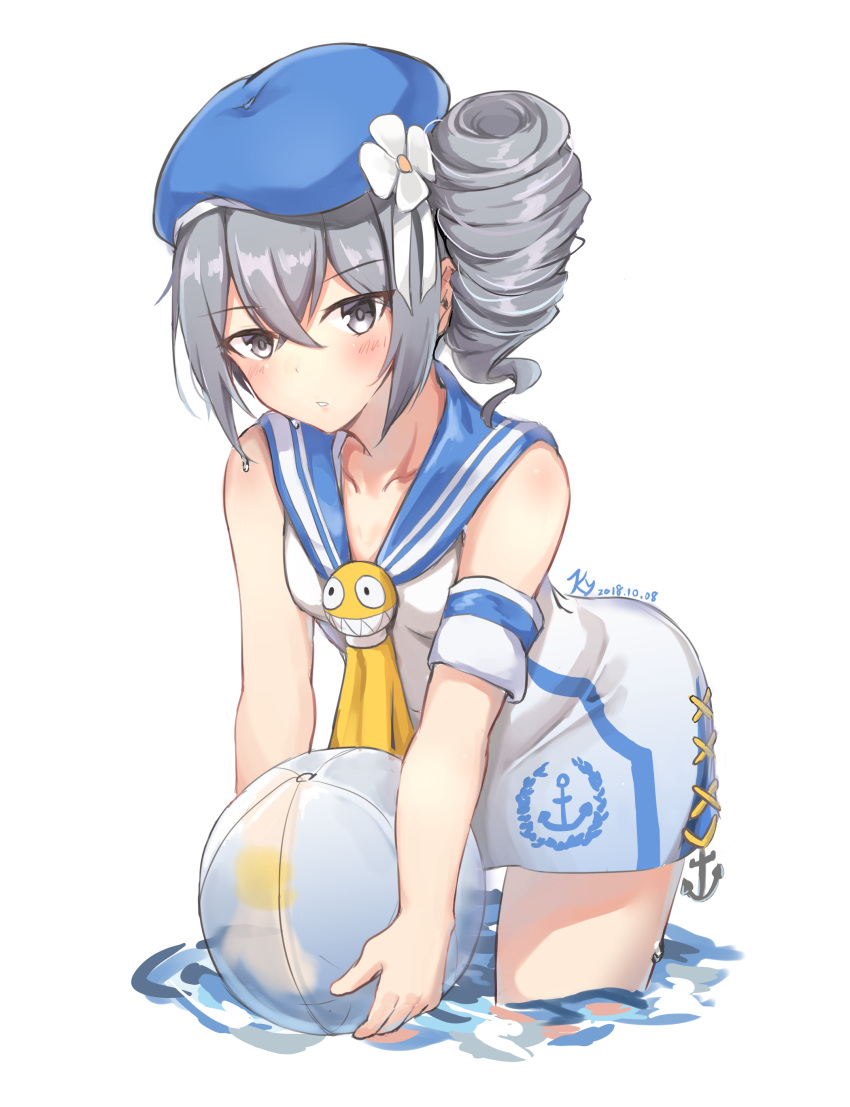 1girl absurdres anchor_print anchor_symbol ball beachball benghuai_xueyuan beret blush bronya_zaychik dated dress drill_hair flower grey_eyes hair_between_eyes hat hat_flower highres holding_beachball honkai_impact ky_(ky990533) leaning_forward long_hair looking_at_viewer outdoors sailor_collar short_dress silver_hair solo twin_drills wading wet wet_hair white_background