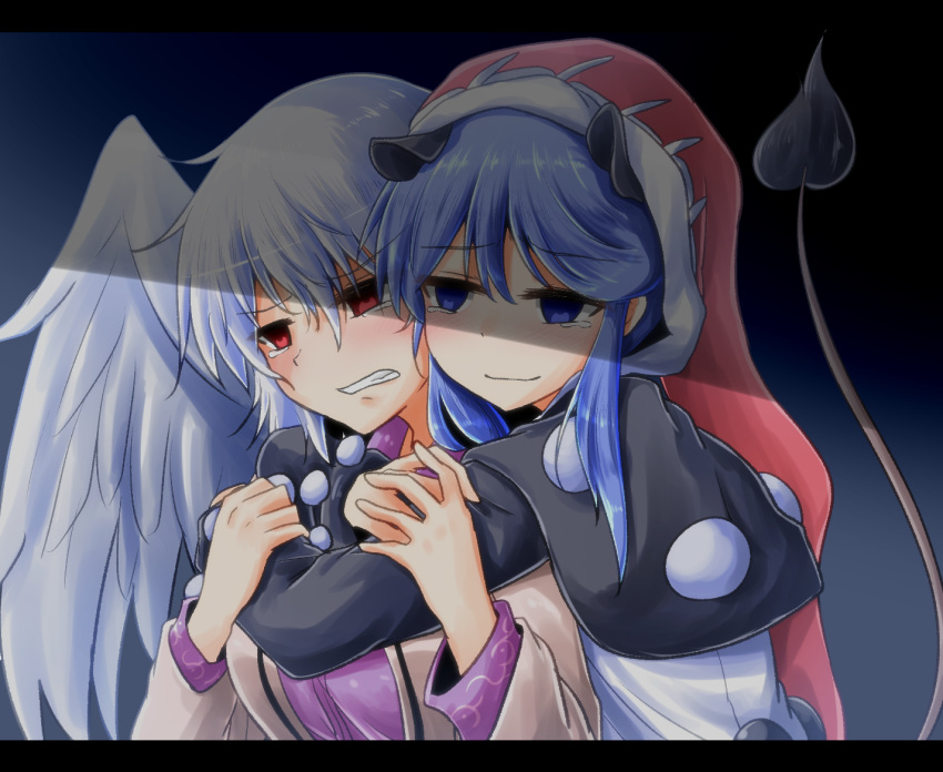 2girls animal_ears bangs beige_jacket black_dress blue_background blue_eyes blue_hair blush breasts clenched_teeth commentary_request crying crying_with_eyes_open doremy_sweet dress empty_eyes eyebrows_visible_through_hair feathered_wings gradient gradient_background hair_between_eyes hands_up happy_tears hat head_tilt hug hug_from_behind jacket kishin_sagume large_breasts letterboxed long_sleeves looking_at_another multicolored multicolored_clothes multicolored_dress multiple_girls open_clothes open_jacket oshiaki pom_pom_(clothes) purple_dress red_eyes red_hat santa_hat shadow short_hair sidelocks silver_hair single_wing smile tail tapir_ears tapir_tail tears teeth touhou upper_body white_dress white_wings wings yuri