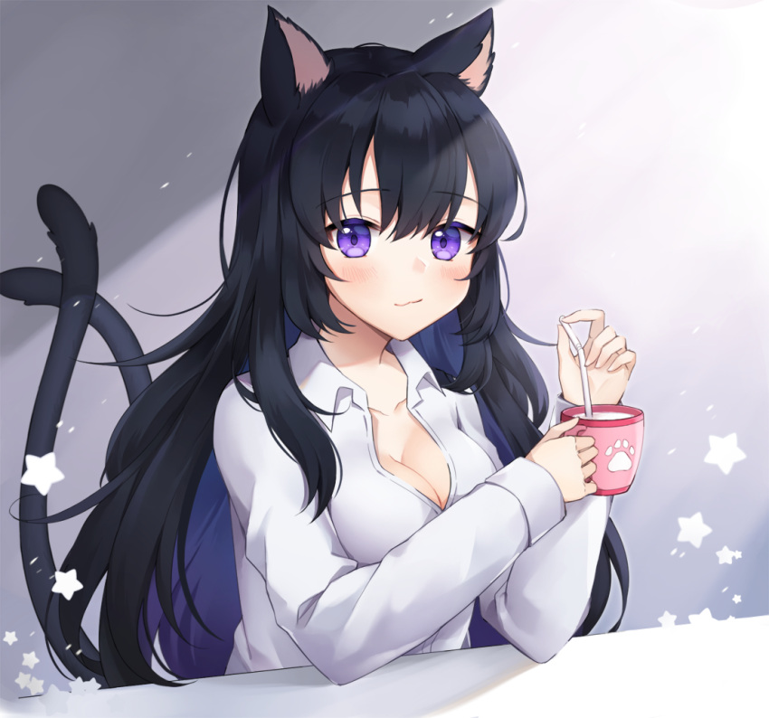 1girl animal_ears bangs bendy_straw black_hair blush breasts cat_ears cat_girl cat_tail cleavage closed_mouth collarbone collared_shirt commentary_request cup dress_shirt drinking_straw eyebrows_visible_through_hair hair_between_eyes holding holding_cup long_hair long_sleeves looking_at_viewer medium_breasts milk multicolored_hair multiple_tails nekomata original pong_(vndn124) purple_hair shirt solo star tail tail_raised two-tone_hair two_tails very_long_hair violet_eyes white_shirt