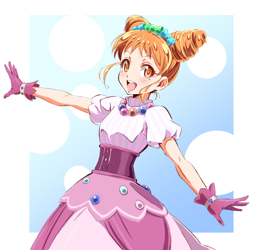 1girl aikatsu! aikatsu!_(series) arisugawa_otome bangs blush brown_eyes brown_hair double_bun dress drill_hair gloves highres idol jewelry necklace ngv3553 open_mouth pearl_necklace puffy_short_sleeves puffy_sleeves purple_gloves short_sleeves sidelocks smile solo twin_drills