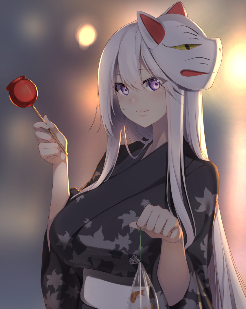 1girl absurdres azur_lane blurry candy_apple commentary_request depth_of_field enterprise_(azur_lane) fish food fox_mask goldfish highres holding japanese_clothes kimono long_hair looking_at_viewer mask mask_on_head obi sash smile solo violet_eyes white_hair yamanokami_eaka yukata