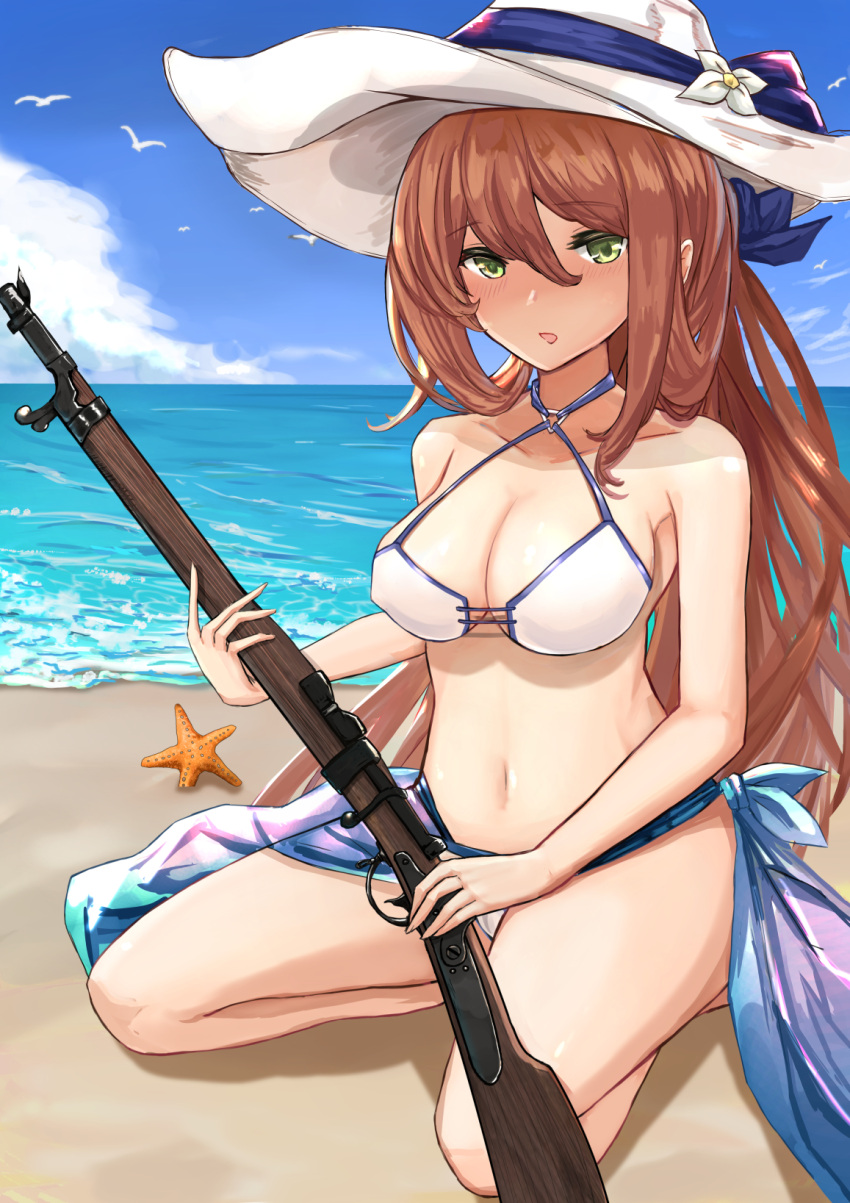 1girl alternate_costume alternate_hairstyle bangs bare_shoulders beach bikini bird blue_sarong blue_sky blush bolt_action breasts brown_hair cleavage clouds collarbone day eyebrows_visible_through_hair girls_frontline green_eyes gun hair_between_eyes hair_rings hat highres holding holding_gun holding_weapon large_breasts long_hair looking_at_viewer m1903_springfield m1903_springfield_(girls_frontline) navel ocean open_mouth outdoors ponytail ribbon rifle sand sarong seagull seiza sidelocks sitting sky smile solo starfish stomach sun_hat swimsuit tark1122 thighs weapon white_bikini