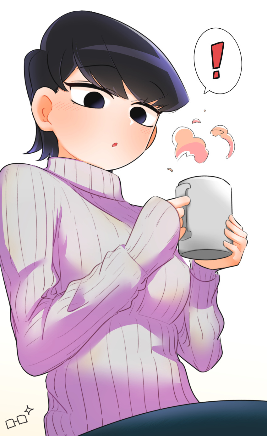 ! 1girl absurdres black_eyes black_hair blush cup degraded_ice highres komi-san_wa_komyushou_desu komi_shuuko mature mug open_mouth pink_sweater ribbed_sweater short_hair solo sweater turtleneck turtleneck_sweater