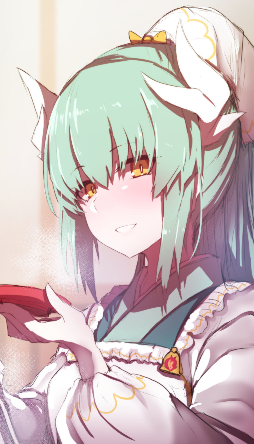 1girl absurdres bangs blue_kimono blurry blurry_background blush bow breasts commentary_request depth_of_field dragon_horns eyebrows_visible_through_hair fate/grand_order fate_(series) green_hair hair_between_eyes hair_bow hands_up head_tilt high_ponytail highres holding horns japanese_clothes kappougi kimono kiyohime_(fate/grand_order) long_hair looking_at_viewer medium_breasts orange_eyes parted_lips ponytail sidelocks smile solo wada_kazu yellow_bow