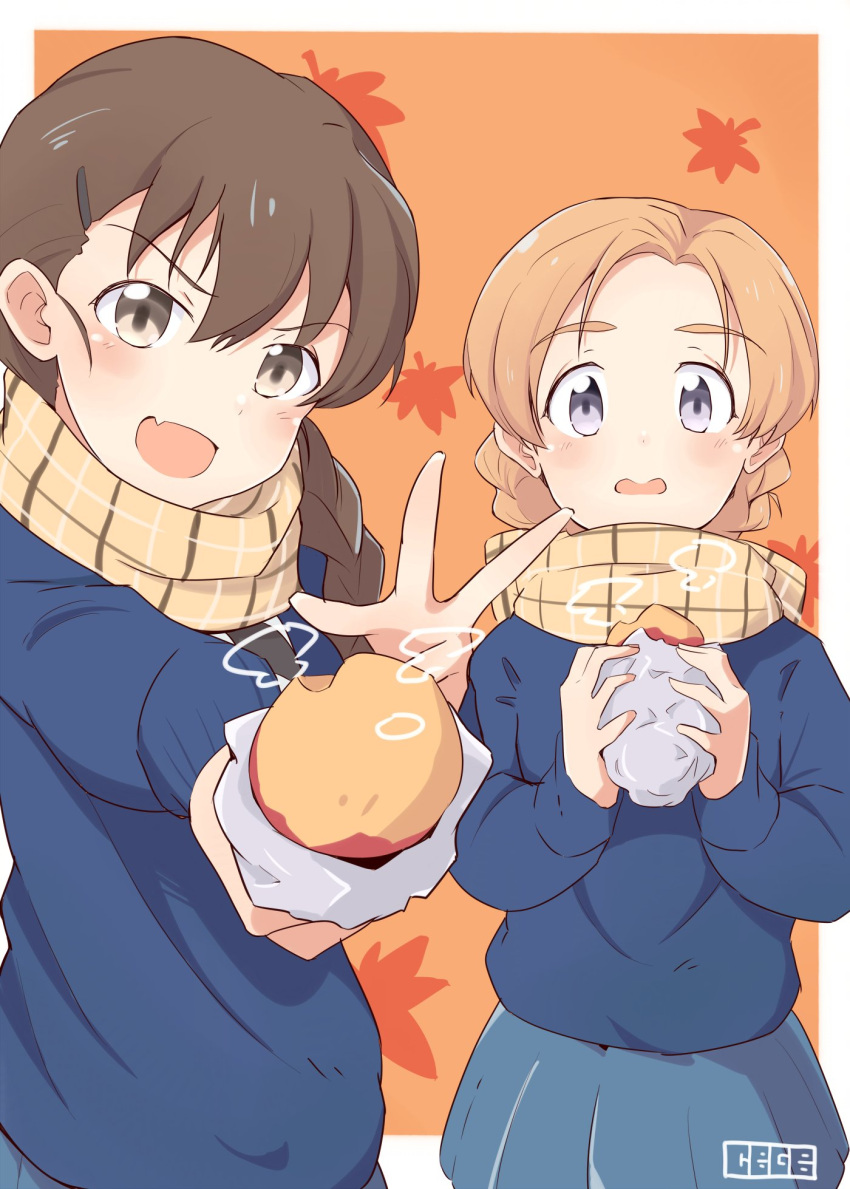 2girls artist_name bangs blue_skirt blue_sweater blush braid brown_eyes brown_hair cbgb commentary eyebrows_visible_through_hair fang food foreshortening frown girls_und_panzer hair_ornament hair_over_shoulder hairclip highres holding holding_food leaf_print long_hair long_sleeves looking_at_viewer miniskirt multiple_girls open_mouth orange_background orange_pekoe outside_border parted_bangs plaid plaid_scarf pleated_skirt potato rukuriri scarf school_uniform short_hair single_braid skirt smile st._gloriana's_school_uniform standing steam sweater w wavy_mouth yellow_scarf