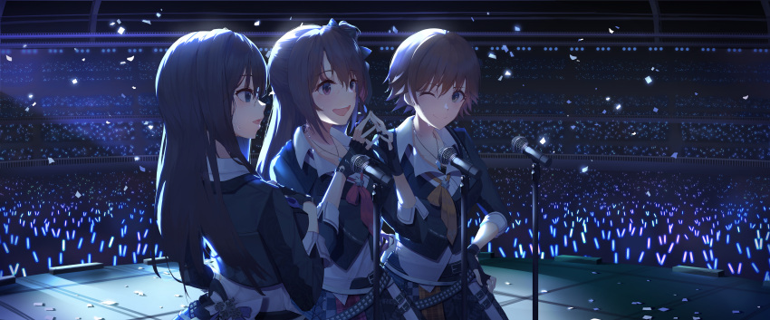 3girls :d ;) absurdres bangs belt belt_buckle black_gloves black_hair black_jacket blue_eyes blush breasts brown_eyes brown_hair buckle closed_mouth collar crowd eyebrows_visible_through_hair fingerless_gloves gloves glowstick hair_ribbon hand_on_hip hand_on_own_chest highres honda_mio idolmaster idolmaster_cinderella_girls indoors jacket jewelry long_hair long_sleeves looking_at_viewer medium_breasts microphone microphone_stand multicolored multicolored_clothes multicolored_skirt multiple_girls munseonghwa necklace one_eye_closed one_side_up open_mouth orange_neckwear own_hands_together pendant profile red_neckwear ribbon round_teeth see-through shibuya_rin shimamura_uzuki shirt short_hair skirt sleeve_cuffs smile stage stage_lights star studded_belt symbol_commentary teeth upper_body violet_eyes white_shirt