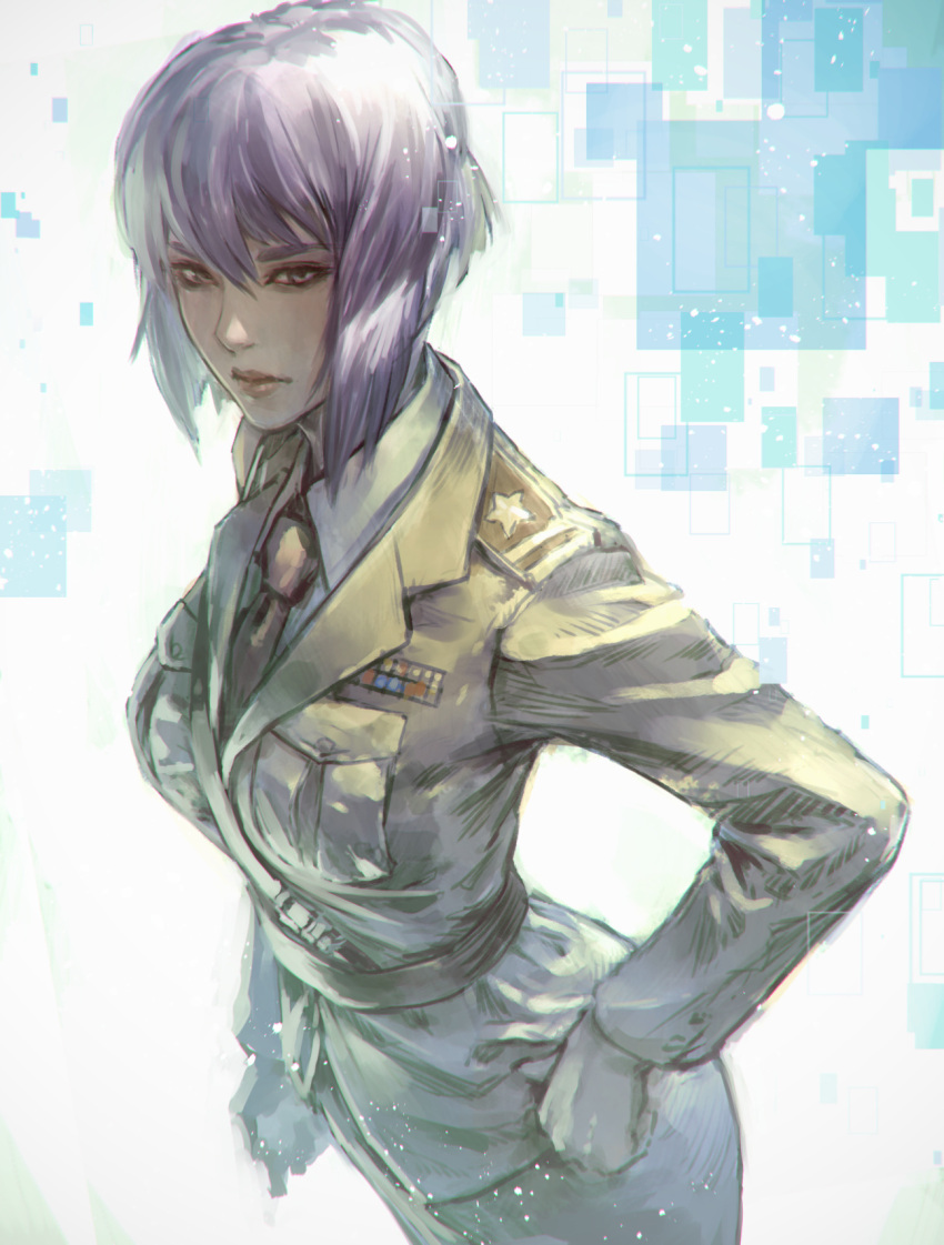 1girl bangs commentary_request ghost_in_the_shell hair_between_eyes hand_on_hip highres jacket kaburagi_yasutaka kusanagi_motoko looking_at_viewer military military_uniform necktie purple_hair short_hair standing strap uniform