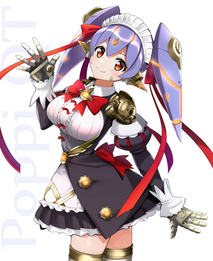 1girl android bangs breasts center_frills closed_mouth commentary_request frills gold_trim hana_(xenoblade) hana_jk hand_up head_tilt highres juliet_sleeves large_breasts lavender_hair long_hair long_sleeves looking_at_viewer maid maid_headdress misu_kasumi neon_trim nintendo orange_eyes puffy_sleeves robot_joints smile solo spoilers spread_fingers standing thigh-highs twintails twisted_torso waving wing_collar xenoblade_(series) xenoblade_2