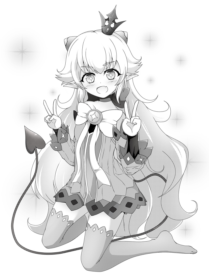 1girl bangs blush cat_and_rabbit collarbone crown double_v elsword eyebrows_visible_through_hair fang hair_between_eyes hair_ornament head_tilt heart heart_tail highres kneeling long_hair looking_at_viewer luciela_r._sourcream monochrome open_mouth pointy_ears smile solo sparkle symbol-shaped_pupils tail v